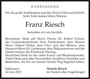 Todesanzeige von Franz Riesch von merkurtz