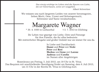 Todesanzeige von Margarete Wagner von merkurtz