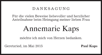 Todesanzeige von Annemarie Kaps von merkurtz