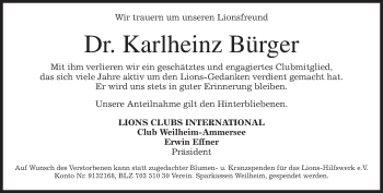 Todesanzeige von Karlheinz Bürger von merkurtz
