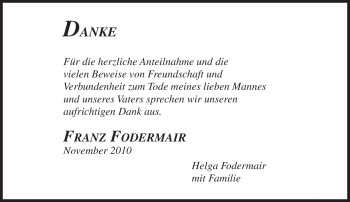 Todesanzeige von Franz Xaver Fodermair von MERKUR & TZ