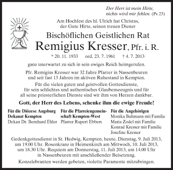 Todesanzeige von Remigius Kresser von merkurtz