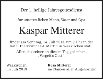 Todesanzeige von Kaspar Mitterer von merkurtz
