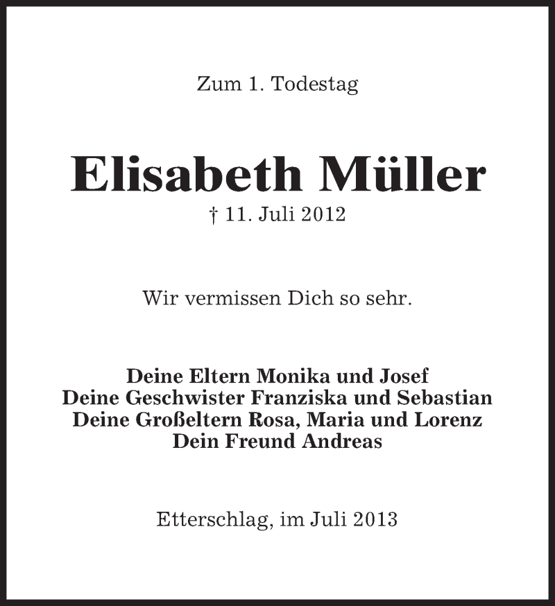  Traueranzeige für Elisabeth Müller vom 11.07.2013 aus merkurtz