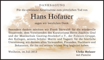Todesanzeige von Hans Hofauer von merkurtz