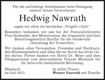 Todesanzeige von Hedwig Nawrath von merkurtz