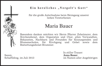 Todesanzeige von Maria Bauer von merkurtz