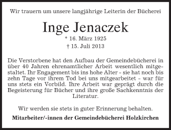 Todesanzeige von Inge Jenaczek von merkurtz