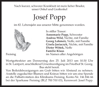 Todesanzeige von Josef Popp von merkurtz