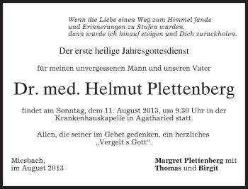 Todesanzeige von Helmut Plettenberg von merkurtz