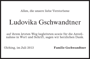 Todesanzeige von Ludovika Gschwandtner von merkurtz