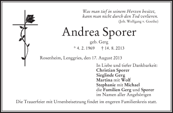 Todesanzeige von Andrea Sporer von merkurtz
