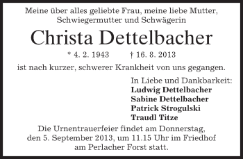 Todesanzeige von Christa Dettelbacher von merkurtz