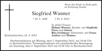 Todesanzeige von Siegfried Wanner von merkurtz