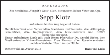 Todesanzeige von Sepp Klotz von merkurtz