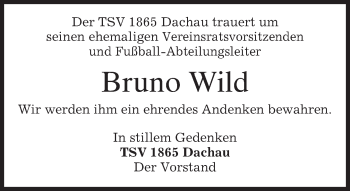 Todesanzeige von Bruno Wild von merkurtz