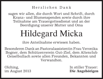 Todesanzeige von Hildegard Micka von merkurtz