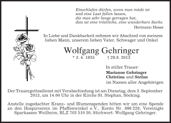 Todesanzeige von Wolfgang Gehringer von merkurtz