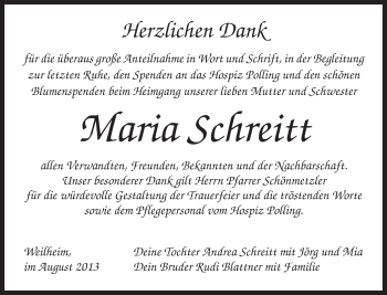 Todesanzeige von Maria Schreitt von merkurtz