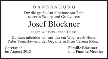 Todesanzeige von Josef Blöckner von merkurtz