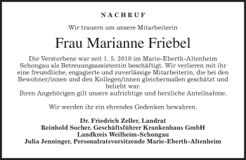 Todesanzeige von Marianne Friebel von merkurtz