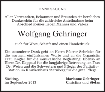 Todesanzeige von Wolfgang Gehringer von merkurtz