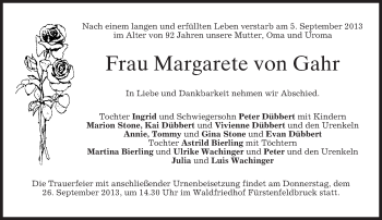 Todesanzeige von Margarete von Gahr von merkurtz