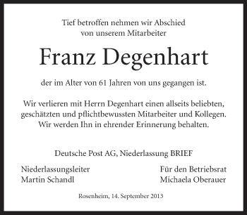 Todesanzeige von Franz Degenhart von merkurtz