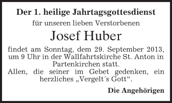Todesanzeige von Josef Huber von merkurtz