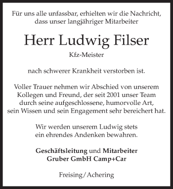 Todesanzeige von Ludwig Filser von merkurtz