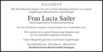 Todesanzeige von Lucia Sailer von merkurtz