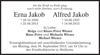 Todesanzeige von Erna und Alfred Jakob von merkurtz