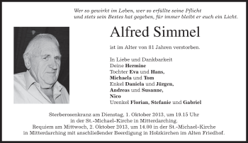 Todesanzeige von Alfred Simmel von merkurtz