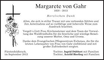 Todesanzeige von Margarete von Gahr von merkurtz