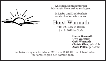 Todesanzeige von Horst Warmuth von merkurtz