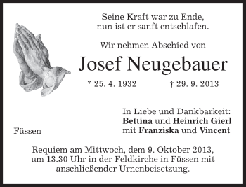Todesanzeige von Josef Neugebauer von merkurtz