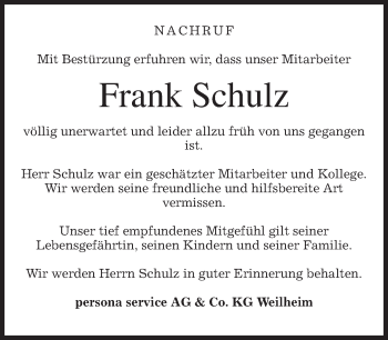 Todesanzeige von Frank Schulz von merkurtz