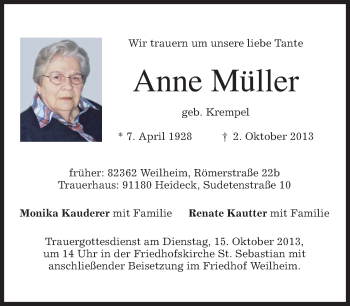 Todesanzeige von Anne Müller von merkurtz