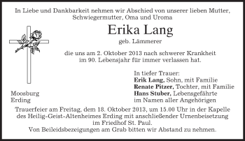 Todesanzeige von Erika Lang von merkurtz