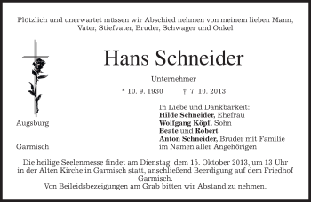Todesanzeige von Hans Schneider von merkurtz