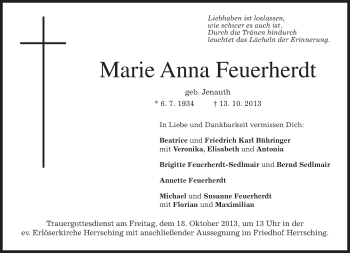 Todesanzeige von Marie Anna Feuerherdt von merkurtz