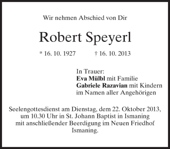 Todesanzeige von Robert Speyerl von merkurtz