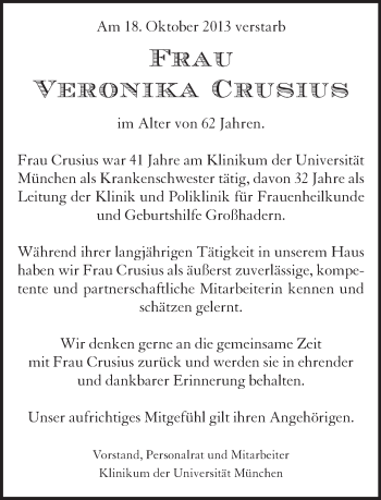 Todesanzeige von Veronika Crusius von merkurtz
