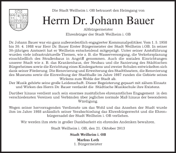 Todesanzeige von Johann Bauer von merkurtz