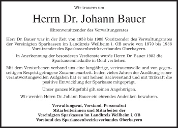 Todesanzeige von Johann Bauer von merkurtz