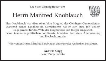 Todesanzeige von Manfred Knoblauch von merkurtz