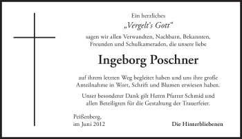 Todesanzeige von Ingeborg Poschner von MERKUR & TZ