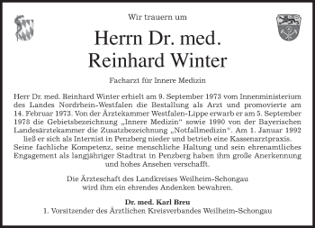 Todesanzeige von Reinhard Winter von merkurtz