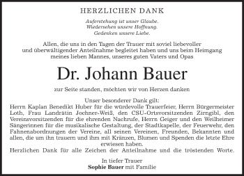 Todesanzeige von Johann Bauer von merkurtz