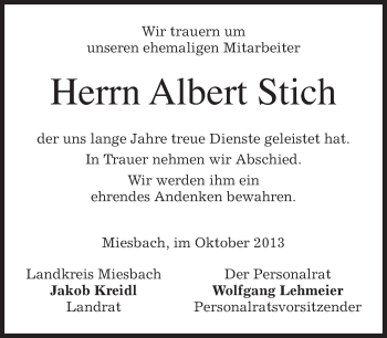 Todesanzeige von Albert Stich von merkurtz